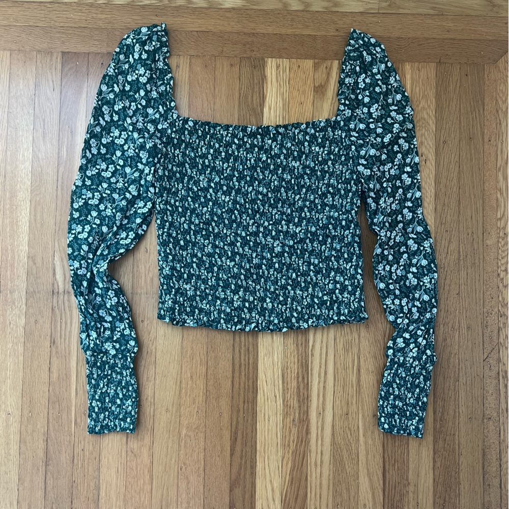 Reformation Pinto Floral Green Smocked Long Sleeve Top